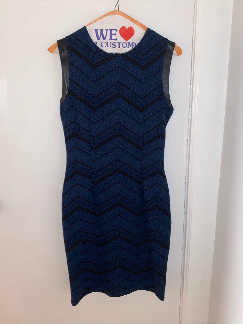 Bar III Navy and Black Chevron Midi Sheath Dress